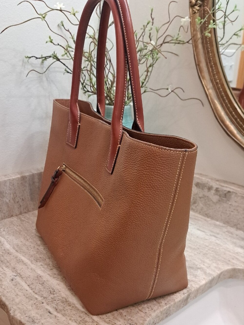Dooney & Bourke Pebble Leather Tote in Cognac with Dark Brown Handles - Picture 2 of 11
